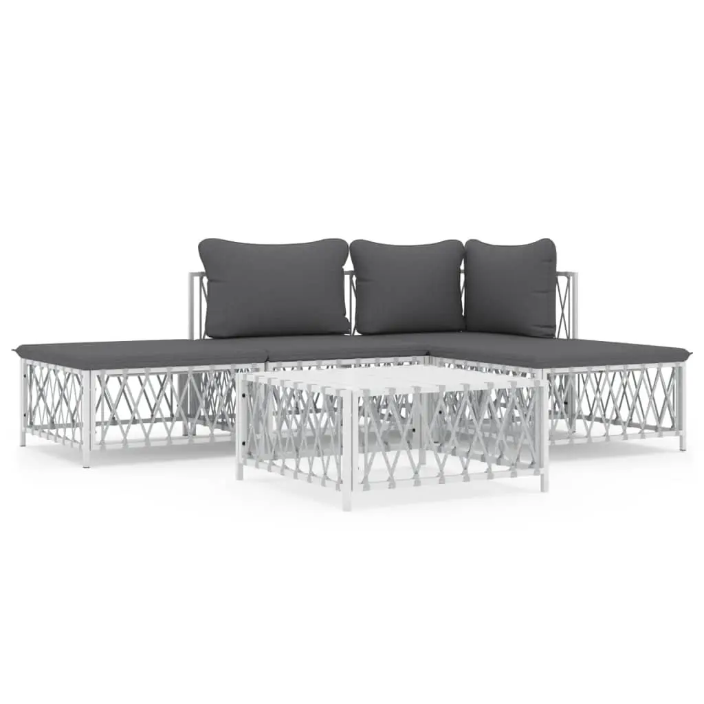 5 Piece Garden Lounge Set White Steel Frame Outdoor Furniture with Cushions