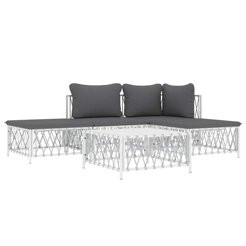 5 Piece Garden Lounge Set White Steel Frame Outdoor Furniture with Cushions
