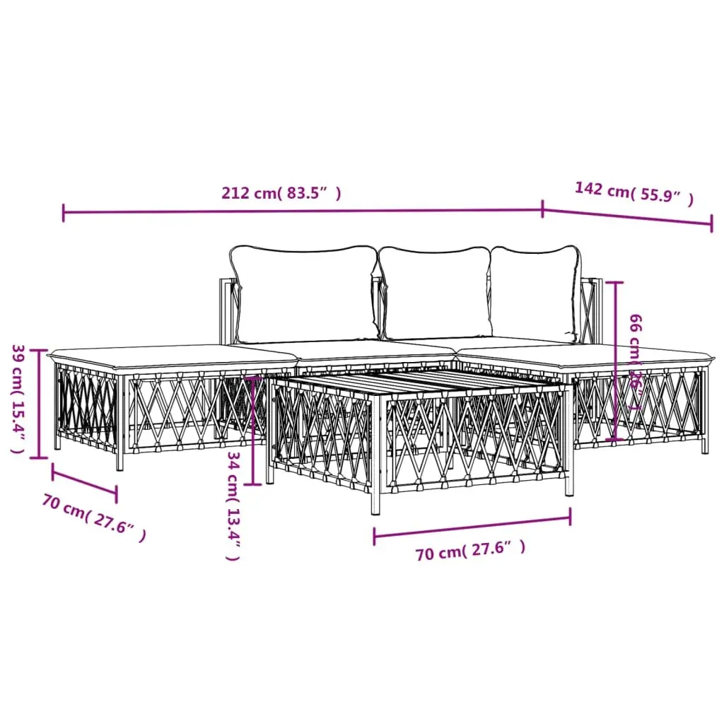 5 Piece Garden Lounge Set White Steel Frame Outdoor Furniture with Cushions