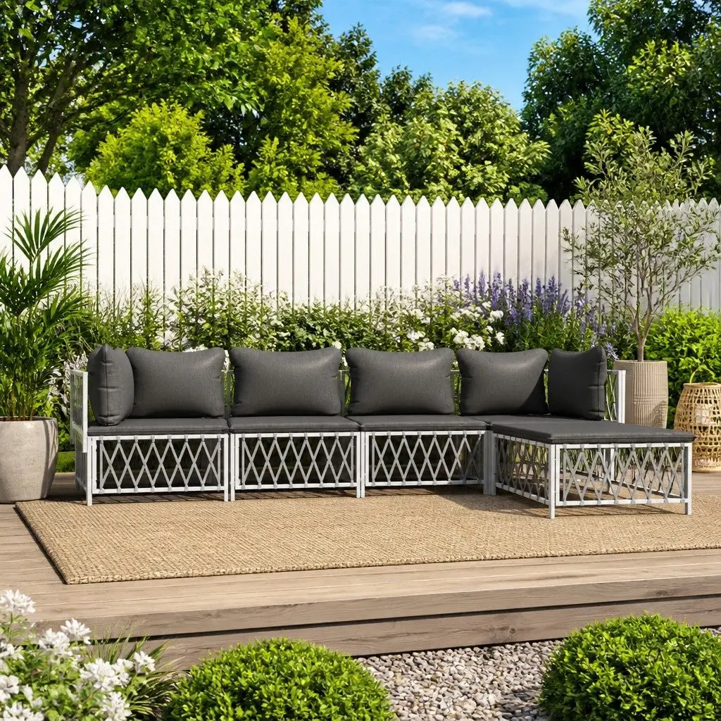 Garden Lounge Set 5 Piece Outdoor Furniture White Steel Frame Cushions Sofa