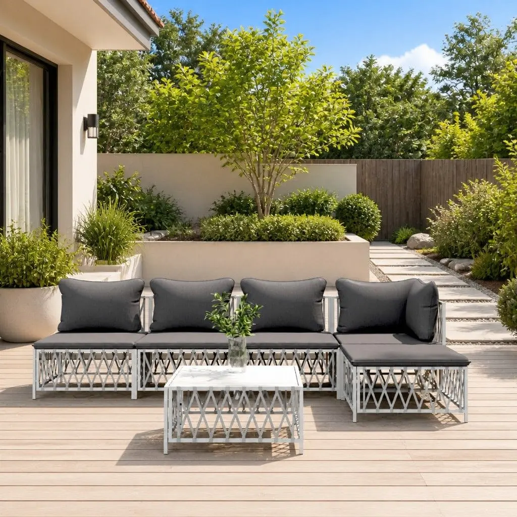 Garden Lounge Set White 6 Piece Modular Sofa Steel Frame Woven Fabric