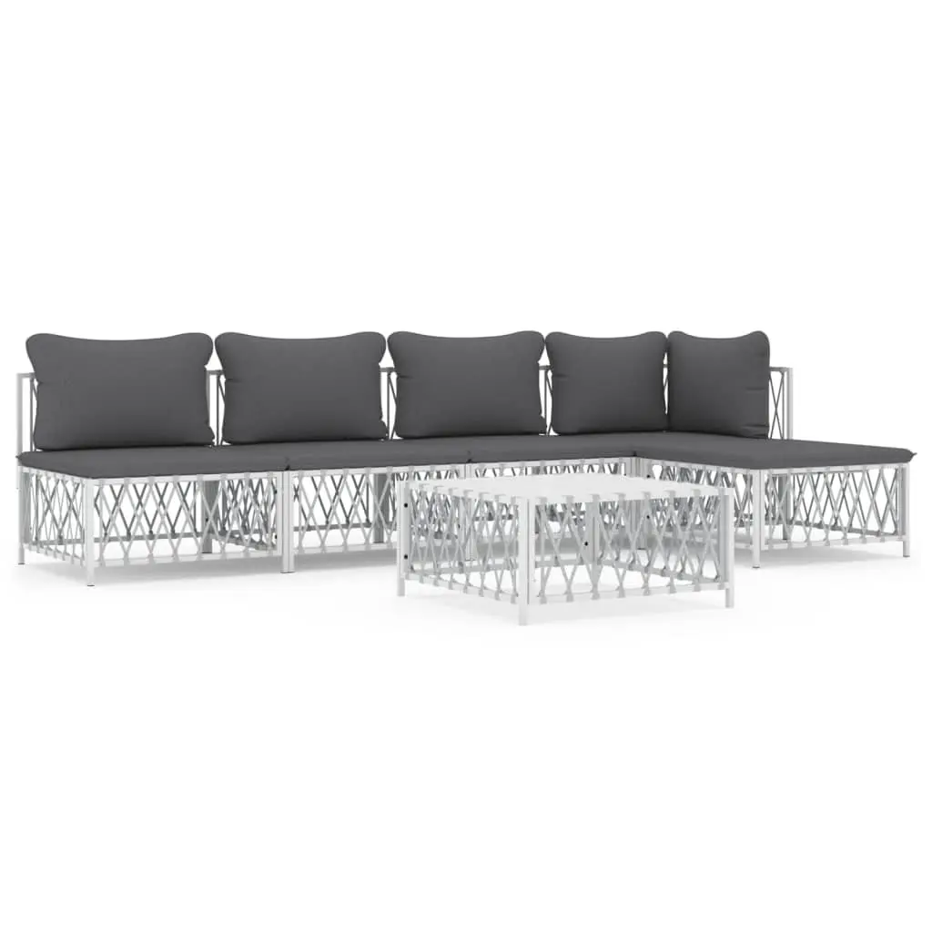 Garden Lounge Set White 6 Piece Modular Sofa Steel Frame Woven Fabric