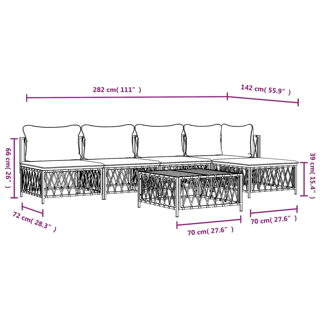 Garden Lounge Set White 6 Piece Modular Sofa Steel Frame Woven Fabric