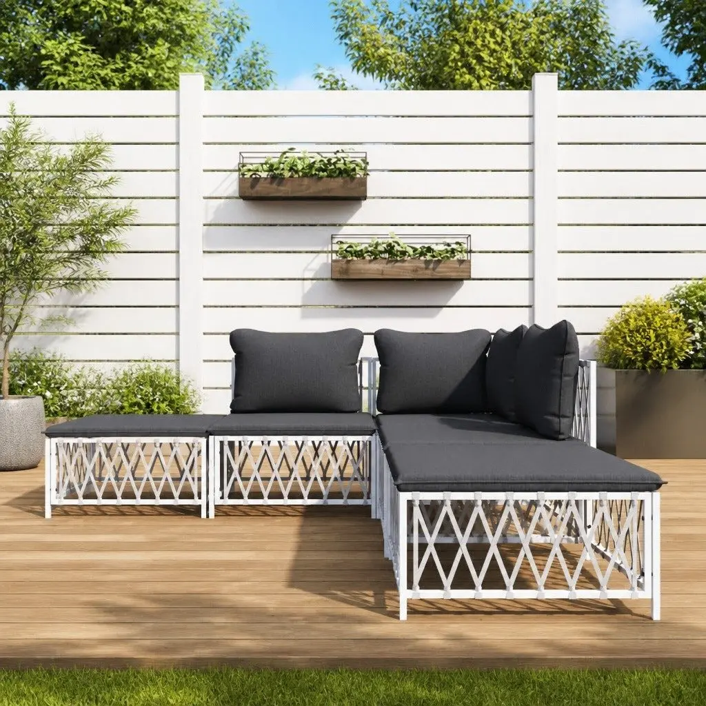Garden Lounge Set White 5 Piece Outdoor Furniture Sofa Cushioned Steel Frame