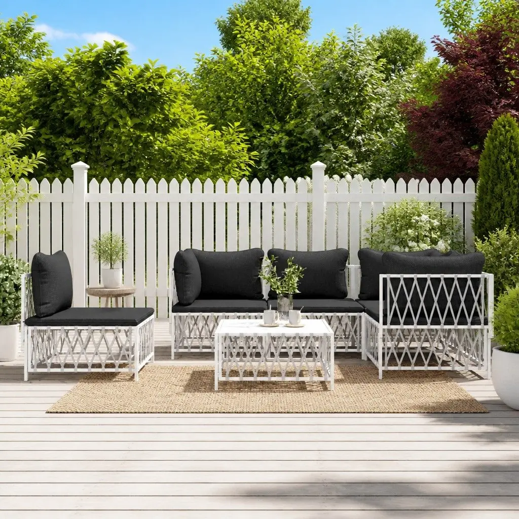 6 Piece Garden Lounge Set Modular Outdoor Furniture White Steel Frame Cushions