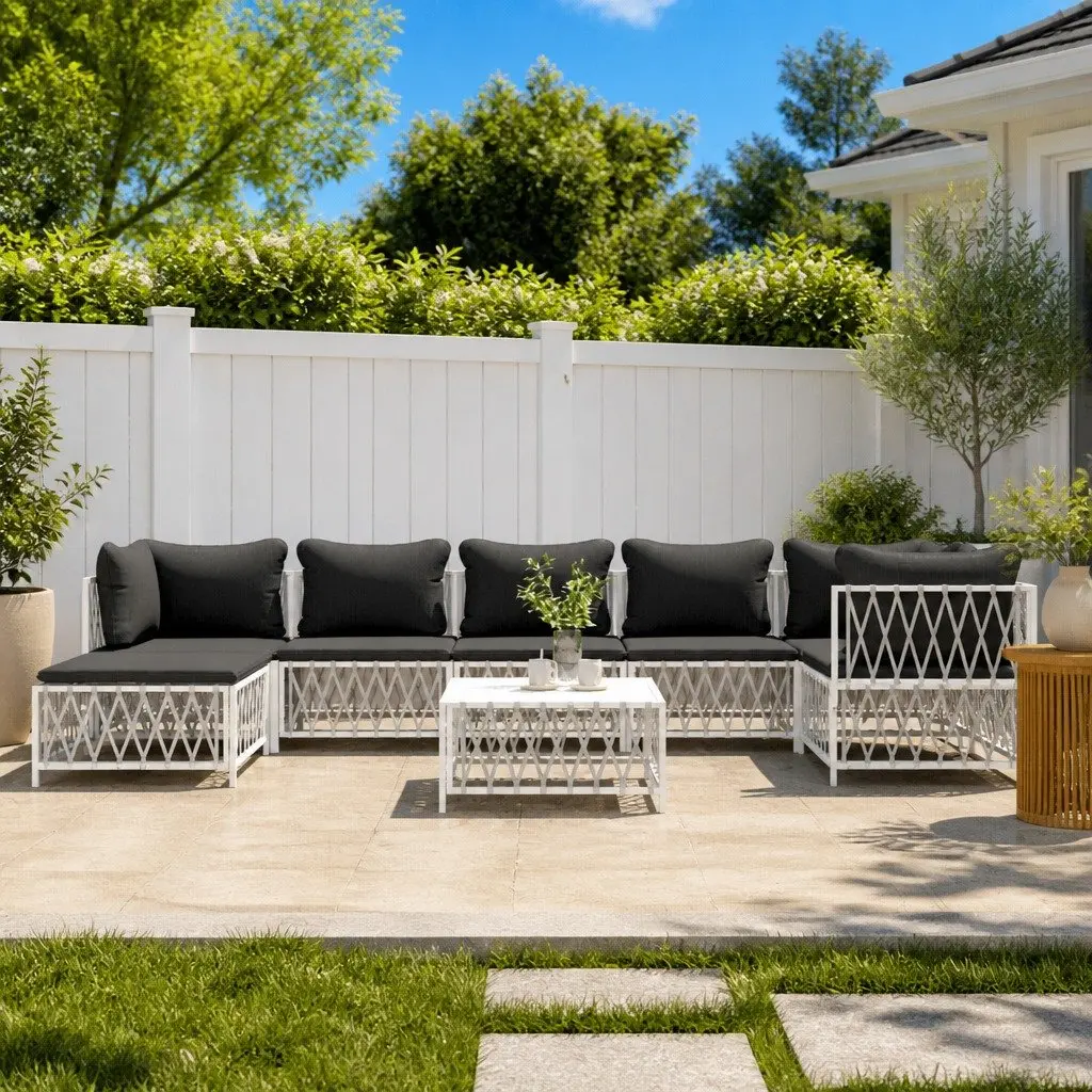 Garden Lounge Set 8 Piece White Outdoor Furniture Sofa Cushions Steel Frame
