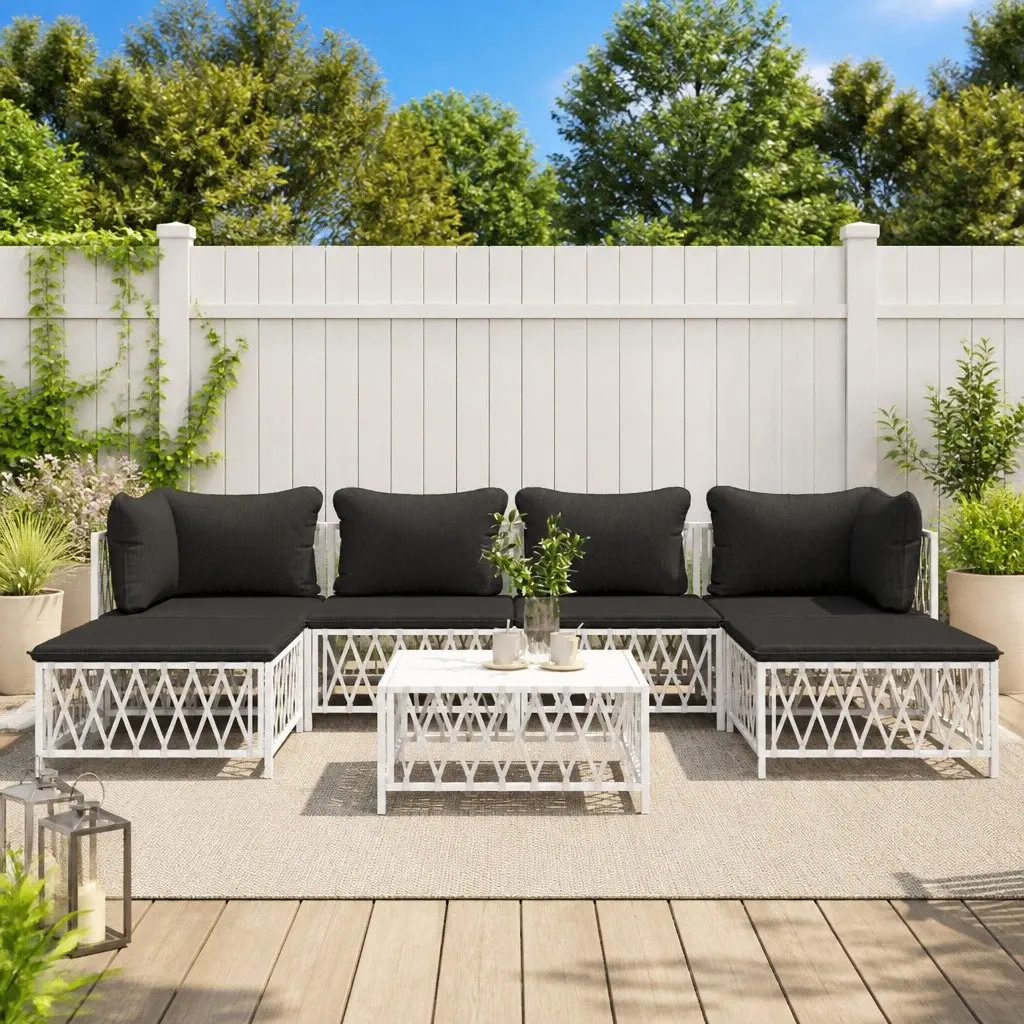7 Piece Modular Garden Lounge Set White Steel Frame Outdoor Sofa with Cushions
