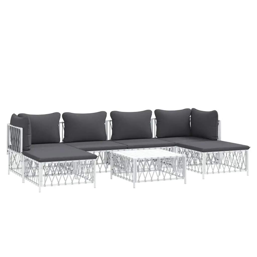 7 Piece Modular Garden Lounge Set White Steel Frame Outdoor Sofa with Cushions