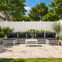 Garden Lounge Set 8 Piece Outdoor Sofa White Woven Fabric Steel Frame Cushions