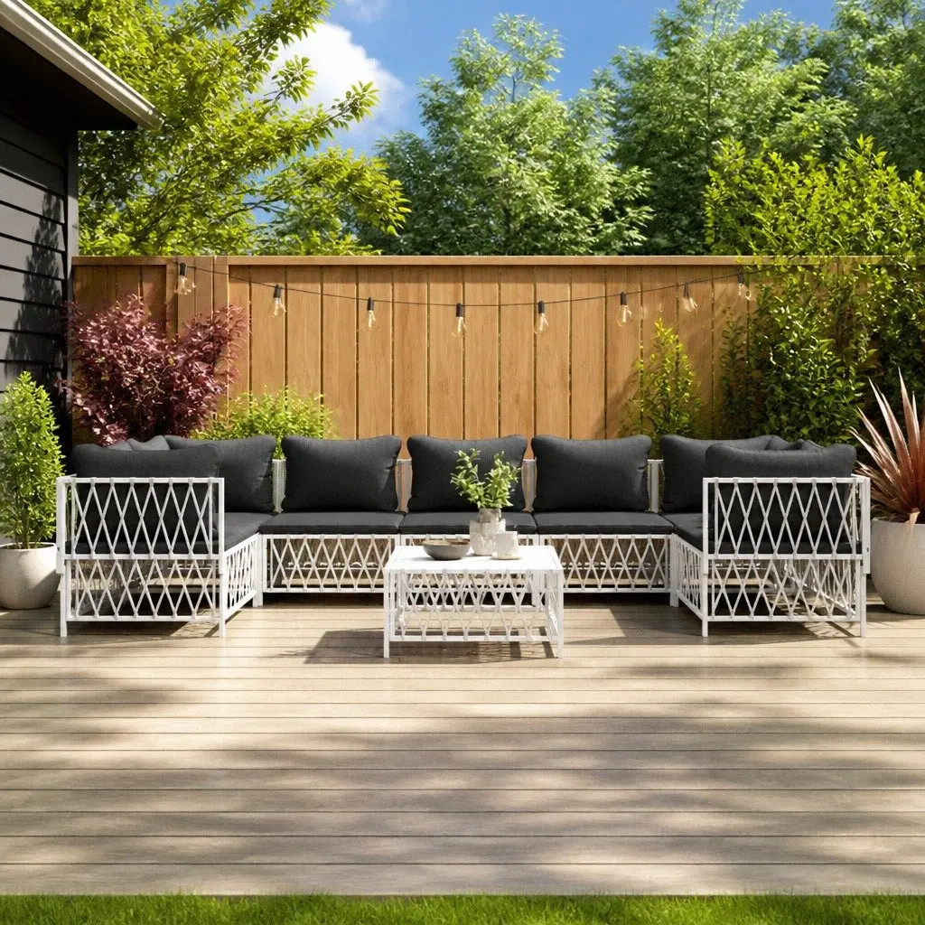 Garden Lounge Set 8 Piece Outdoor Furniture White Modular Sofa Cushions Steel