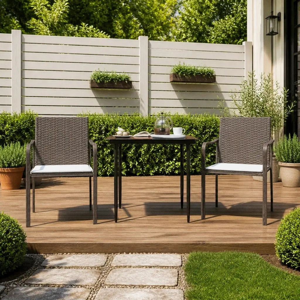 Garden Dining Set Brown 3 Piece Outdoor Furniture Poly Rattan Steel Frame Cushioned