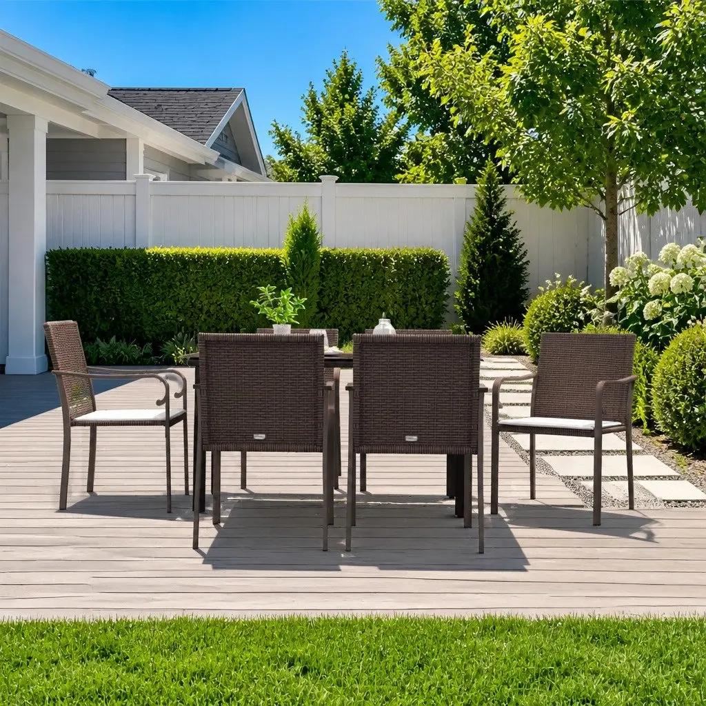 7 Piece Garden Dining Set Brown PE Rattan Steel Frame Cushioned Chairs