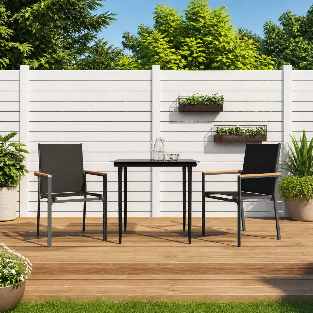 3 Piece Outdoor Dining Set Black Steel Frame with Textilene Seats and Tempered Glass Tabletop