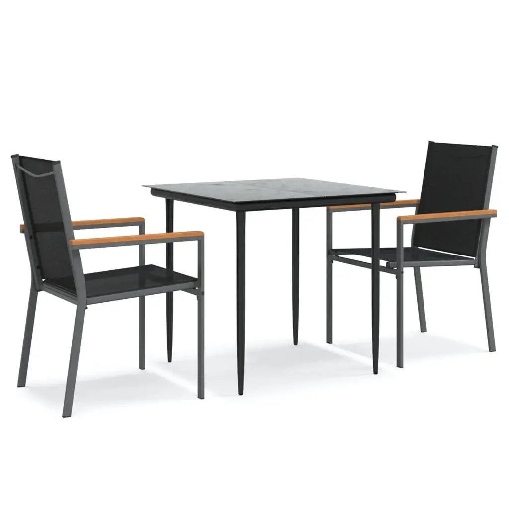 3 Piece Outdoor Dining Set Black Steel Frame with Textilene Seats and Tempered Glass Tabletop