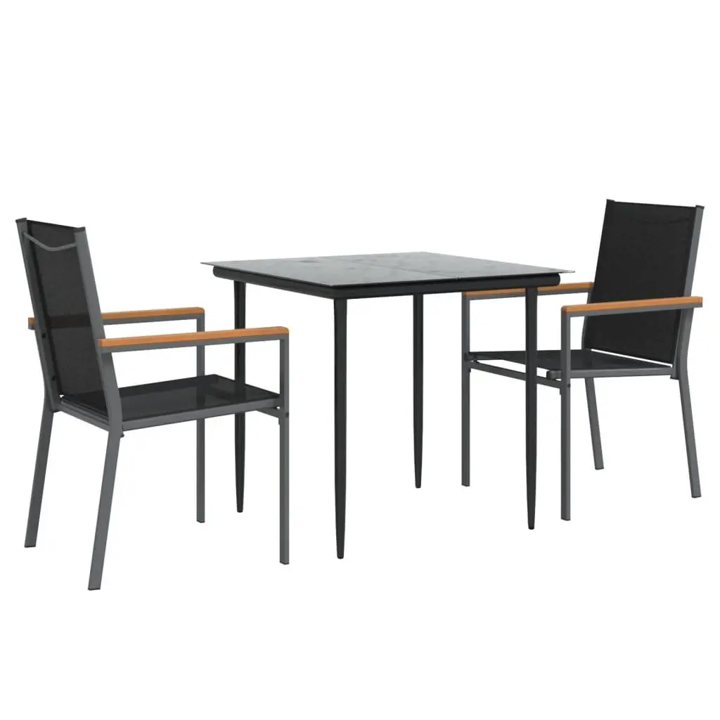 3 Piece Outdoor Dining Set Black Steel Frame with Textilene Seats and Tempered Glass Tabletop
