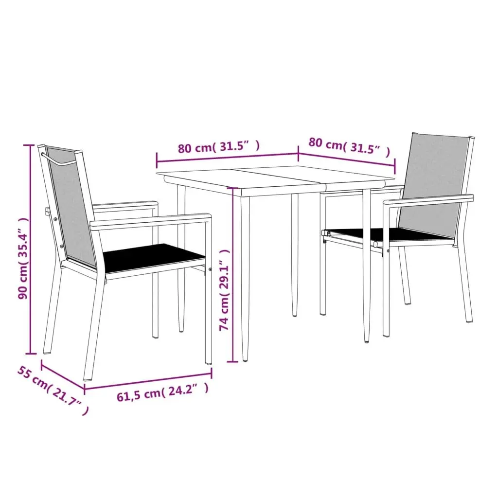 3 Piece Outdoor Dining Set Black Steel Frame with Textilene Seats and Tempered Glass Tabletop
