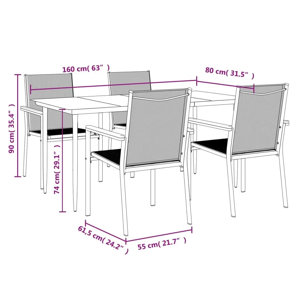Garden Dining Set 5 Piece Outdoor Table Chairs Black Textilene Steel Frame