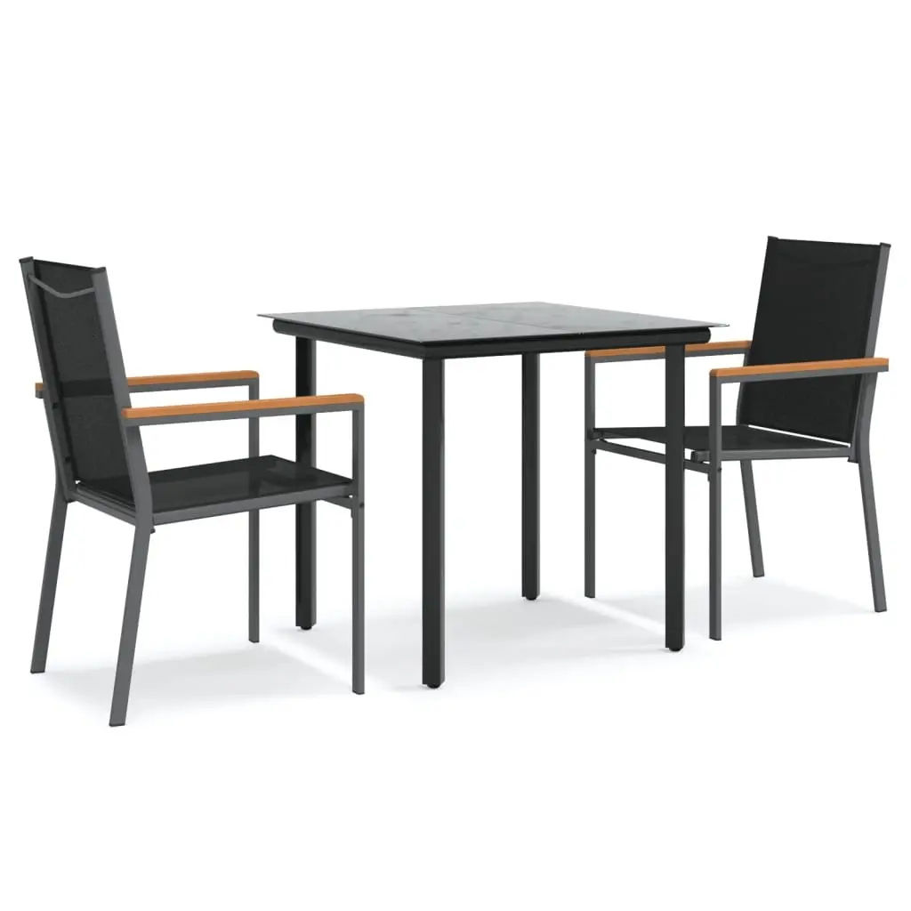 Garden Dining Set 3 Piece Outdoor Furniture Black Textilene Steel Table Chairs