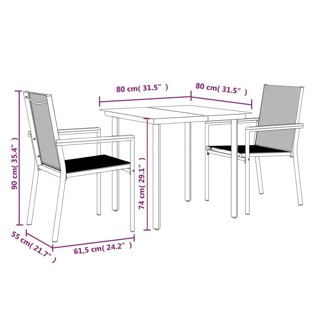 Garden Dining Set 3 Piece Outdoor Furniture Black Textilene Steel Table Chairs