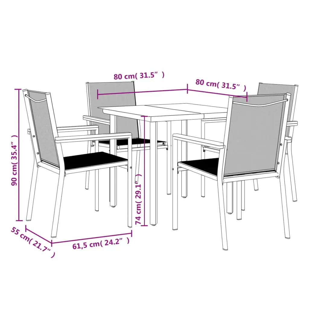 Garden Dining Set 5 Piece Outdoor Furniture Black Steel Textilene Chairs Table