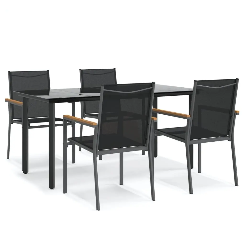 Garden Dining Set Black 5 Piece Textilene Chairs Steel Frame Tempered Glass Table
