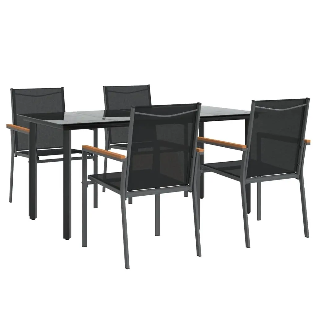 Garden Dining Set Black 5 Piece Textilene Chairs Steel Frame Tempered Glass Table