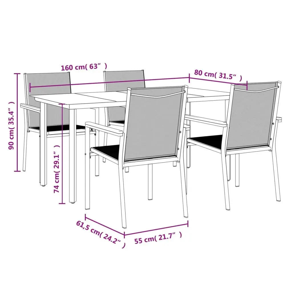 Garden Dining Set Black 5 Piece Textilene Chairs Steel Frame Tempered Glass Table