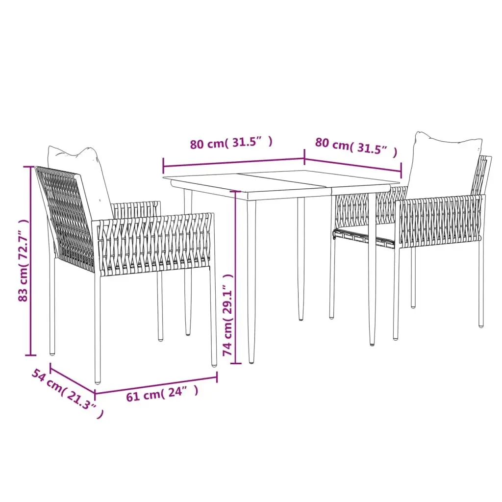 Garden Dining Set 3 Piece Outdoor Furniture PE Rattan Steel Frame with Cushions