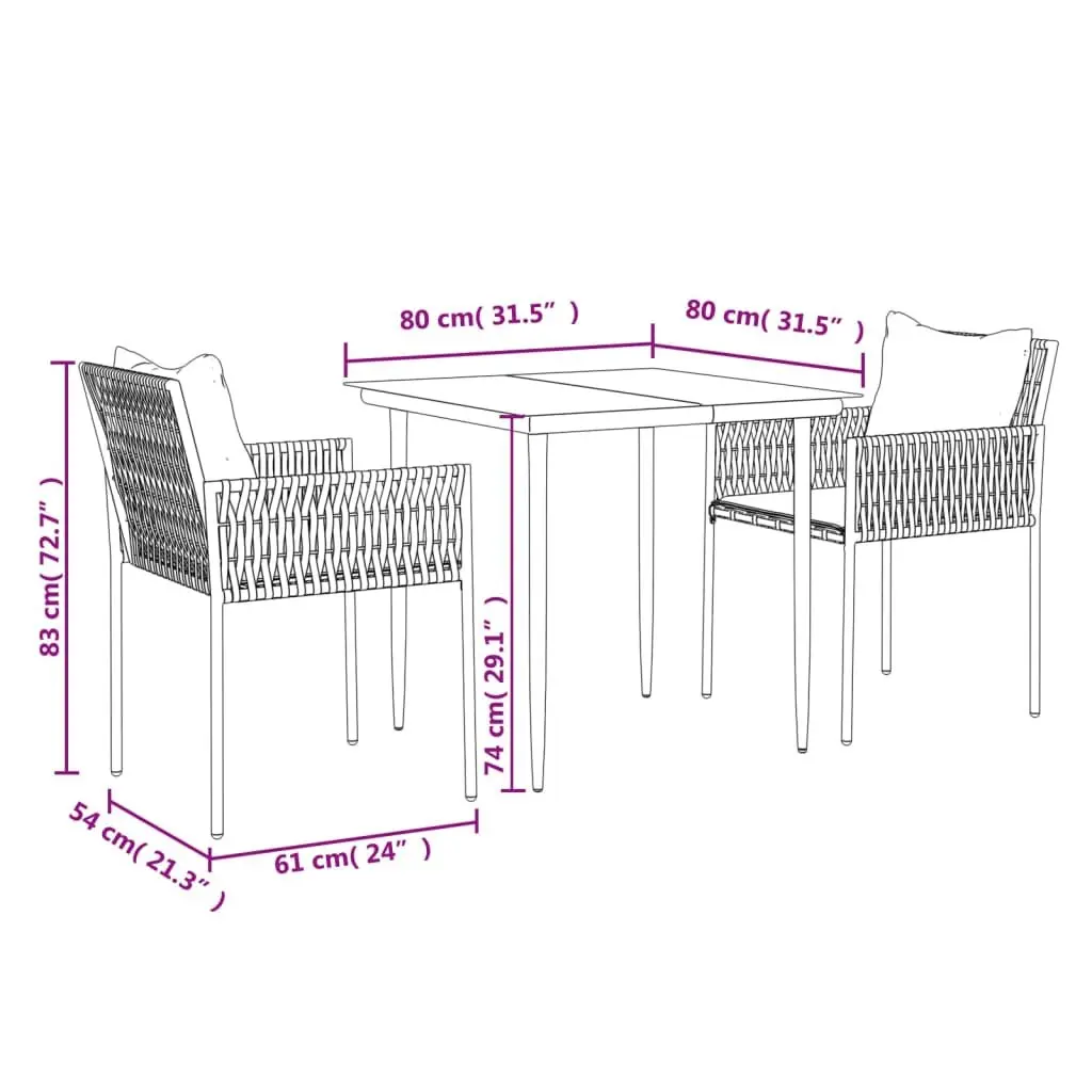Garden Dining Set 3 Piece Outdoor Furniture PE Rattan Steel Frame Tempered Glass