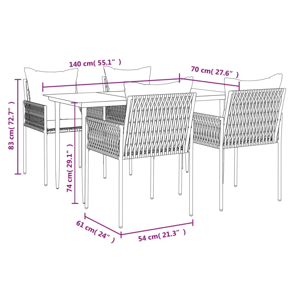 5 Piece Garden Dining Set Brown PE Rattan Steel Frame Tempered Glass Table Chairs