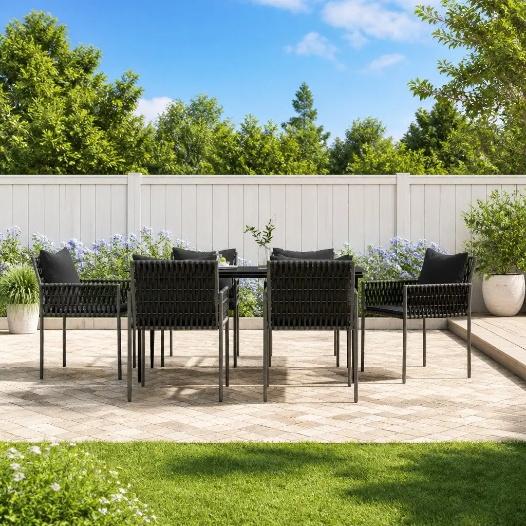 7 Piece Garden Dining Set Black with Cushions Poly Rattan Steel Frame Tempered Glass Top