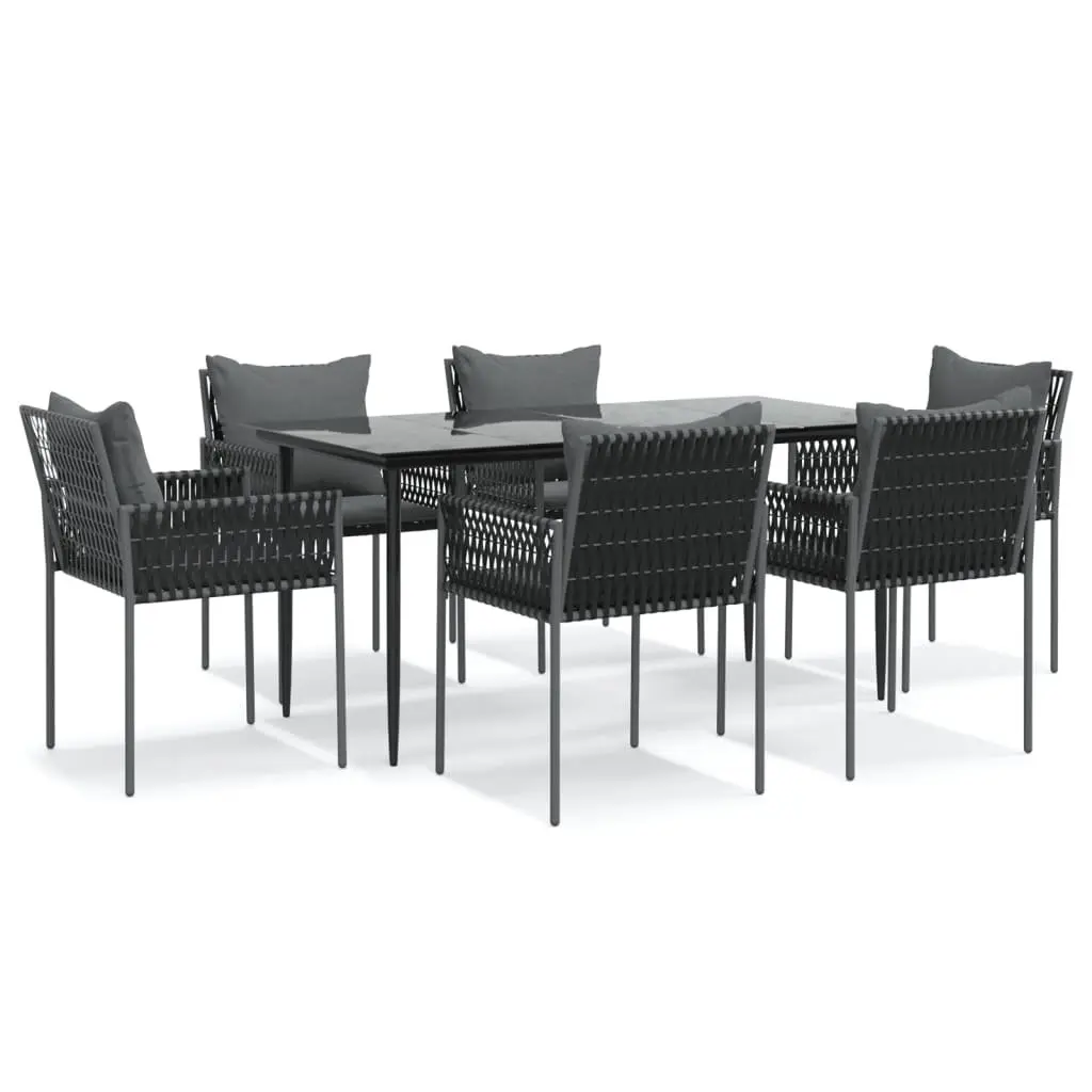 7 Piece Garden Dining Set Black with Cushions Poly Rattan Steel Frame Tempered Glass Top