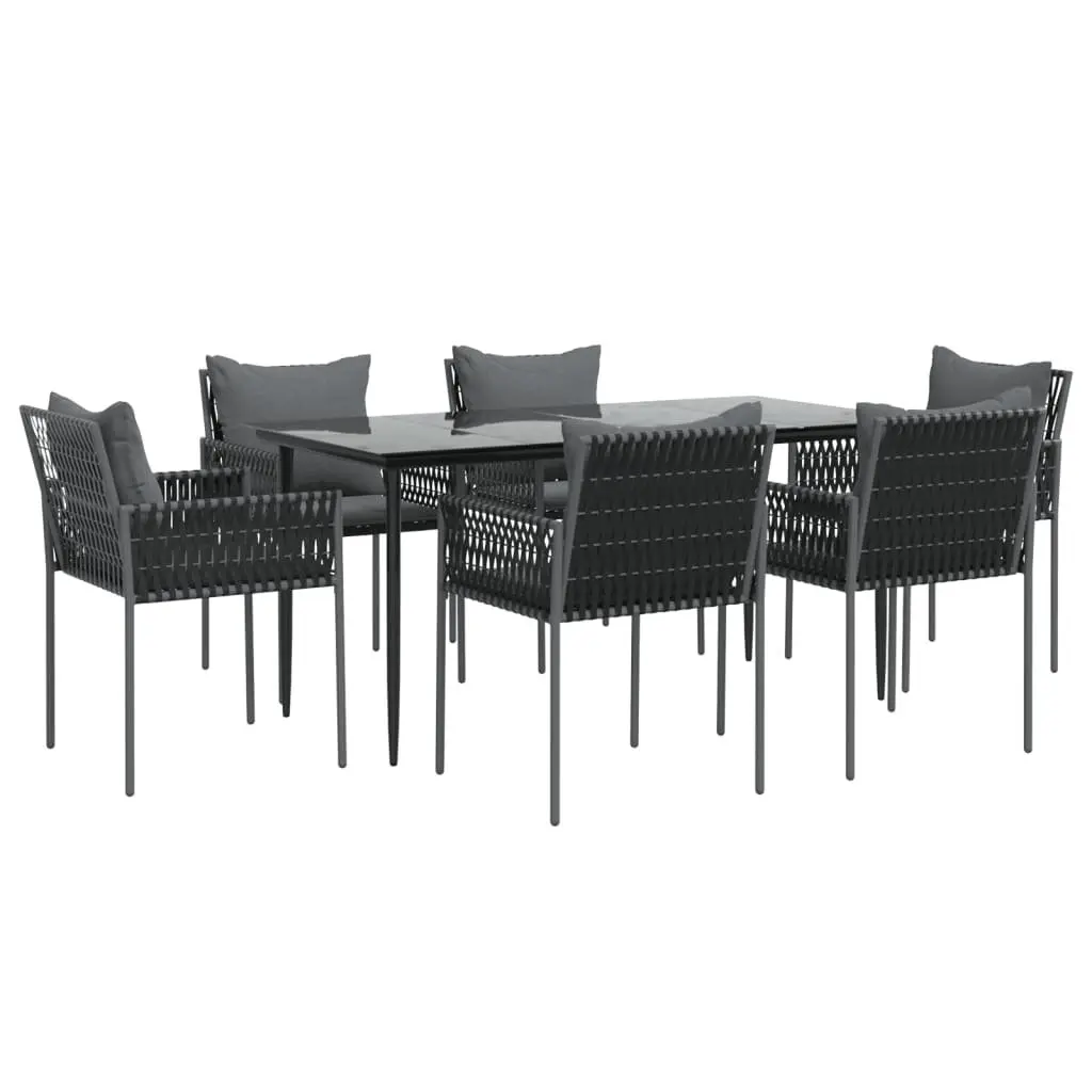 7 Piece Garden Dining Set Black with Cushions Poly Rattan Steel Frame Tempered Glass Top