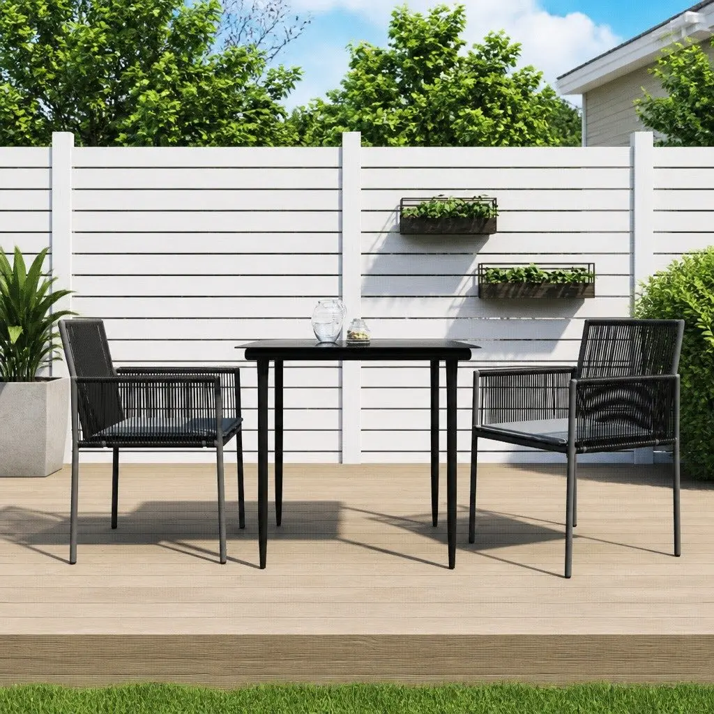 Garden Dining Set Black 3 Piece Outdoor Furniture PE Rattan Steel Frame Tempered Glass Top