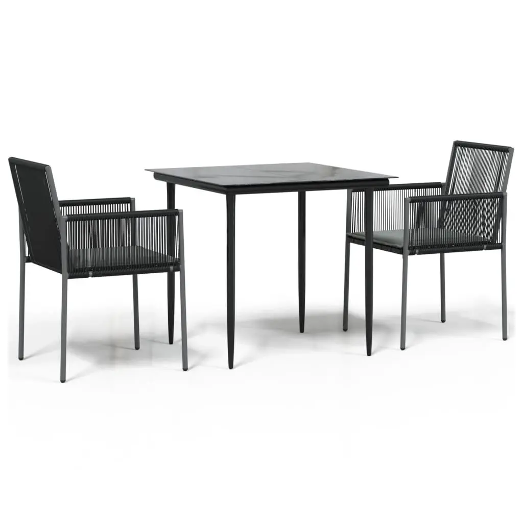 Garden Dining Set Black 3 Piece Outdoor Furniture PE Rattan Steel Frame Tempered Glass Top