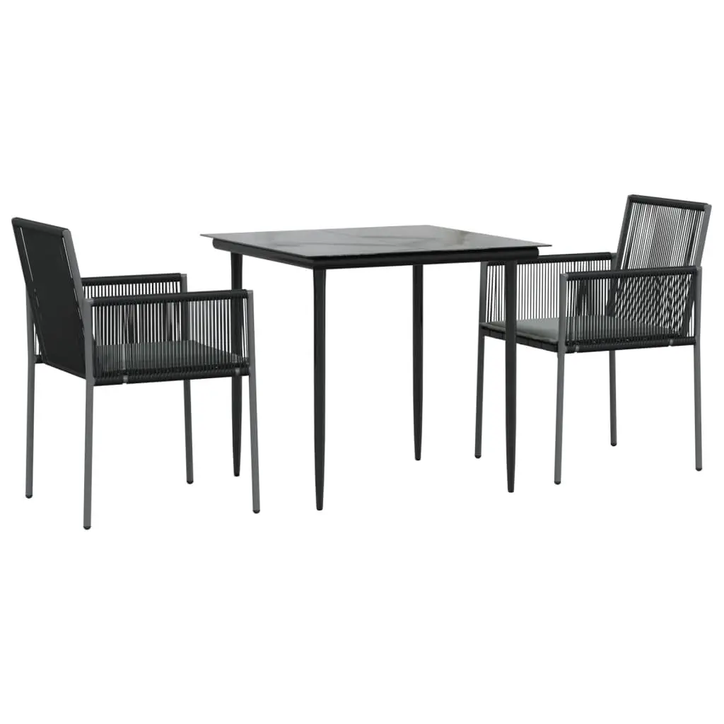 Garden Dining Set Black 3 Piece Outdoor Furniture PE Rattan Steel Frame Tempered Glass Top