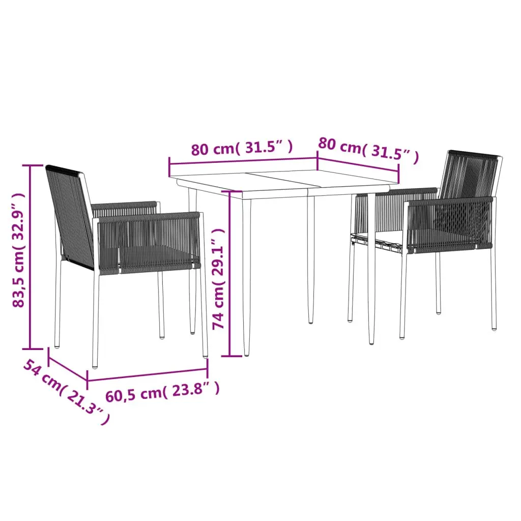 Garden Dining Set Black 3 Piece Outdoor Furniture PE Rattan Steel Frame Tempered Glass Top