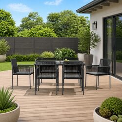 7 Piece Garden Dining Set Outdoor Furniture Black Poly Rattan Steel Frame Chairs