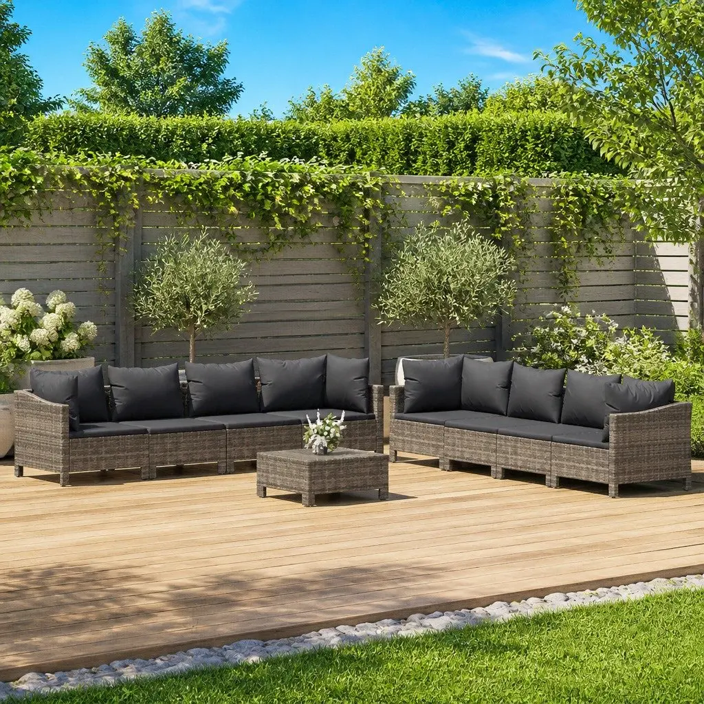 Garden Lounge Set 9 Piece Outdoor Furniture Grey Poly Rattan with Cushions