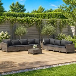 Garden Lounge Set 9 Piece Outdoor Furniture Grey Poly Rattan with Cushions