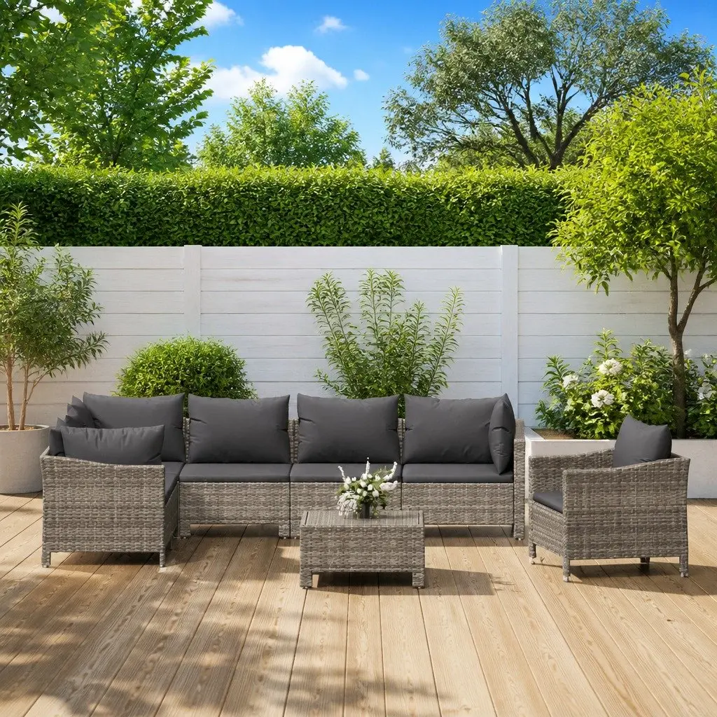 Garden Lounge Set 8 Piece Outdoor Furniture Grey Poly Rattan Sofa with Cushions