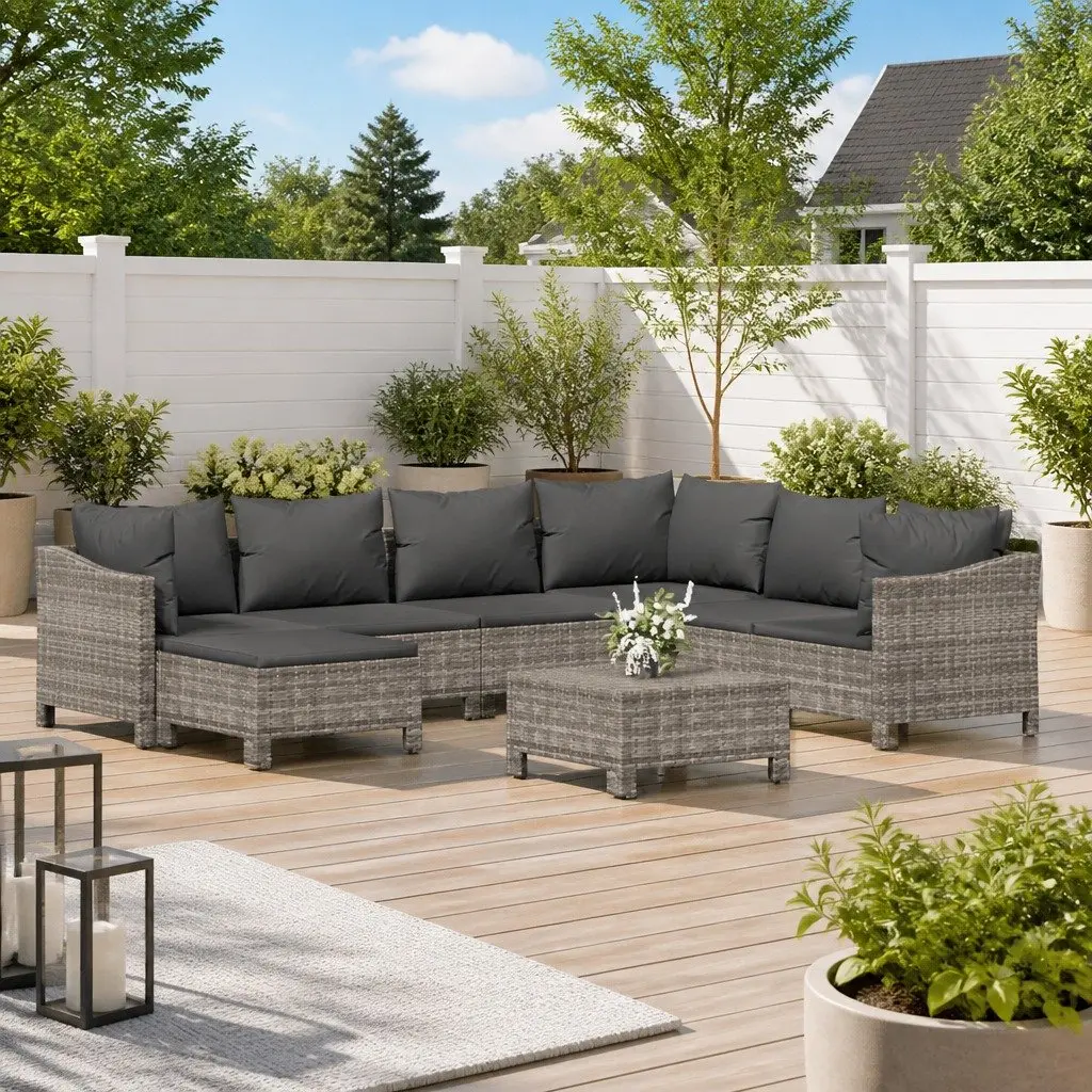 Garden Lounge Set 8 Piece Outdoor Furniture Grey Poly Rattan with Cushions