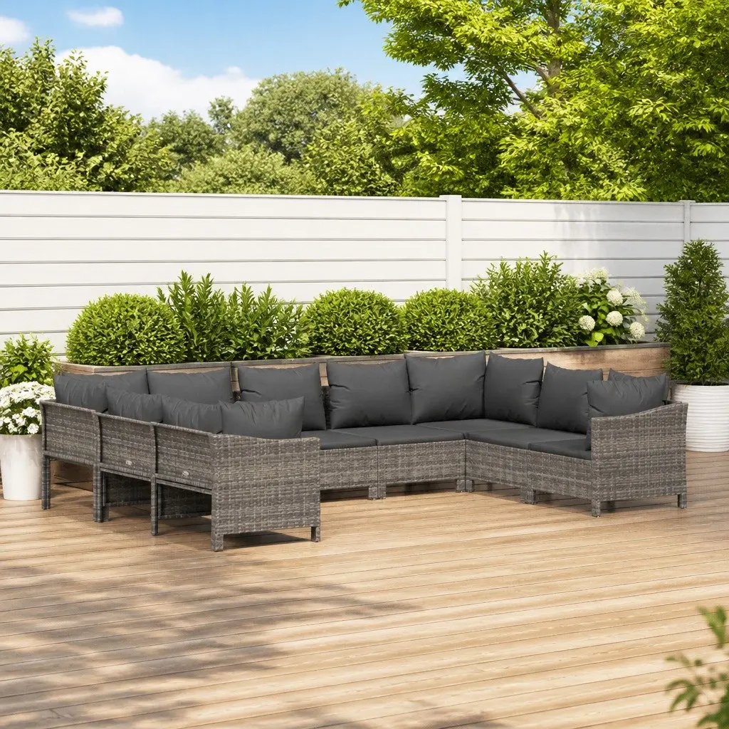 9 Piece Garden Lounge Set Outdoor Furniture with Cushions Grey Poly Rattan