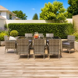 Garden Dining Set 9 Piece Outdoor Furniture Grey Poly Rattan with Cushions