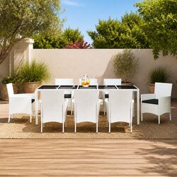 Outdoor Garden Dining Set 9 Piece White Poly Rattan Furniture with Cushions