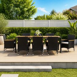 Garden Dining Set 9 Piece Black Poly Rattan Outdoor Furniture with Cushions