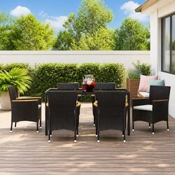 7 Piece Outdoor Dining Set Black Poly Rattan Garden Furniture with Cushions