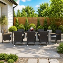 9 Piece Outdoor Dining Set Black Poly Rattan Garden Furniture with Cushions