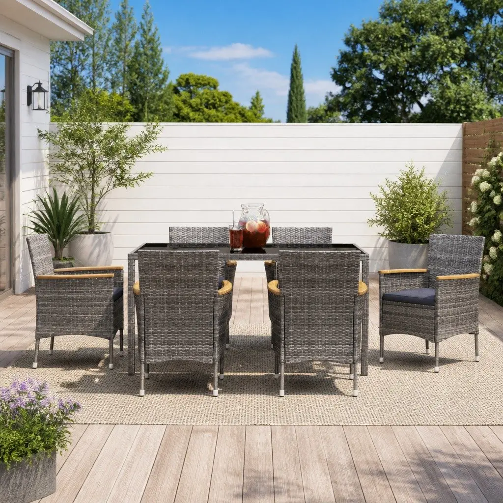7 Piece Garden Dining Set Grey Poly Rattan Outdoor Table Chairs with Cushions