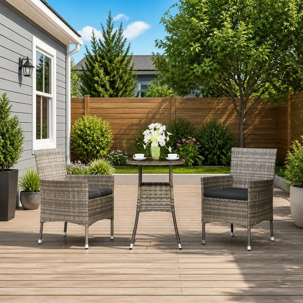 3 Piece Bistro Set Grey Outdoor Furniture with Cushions Steel Frame and Rattan